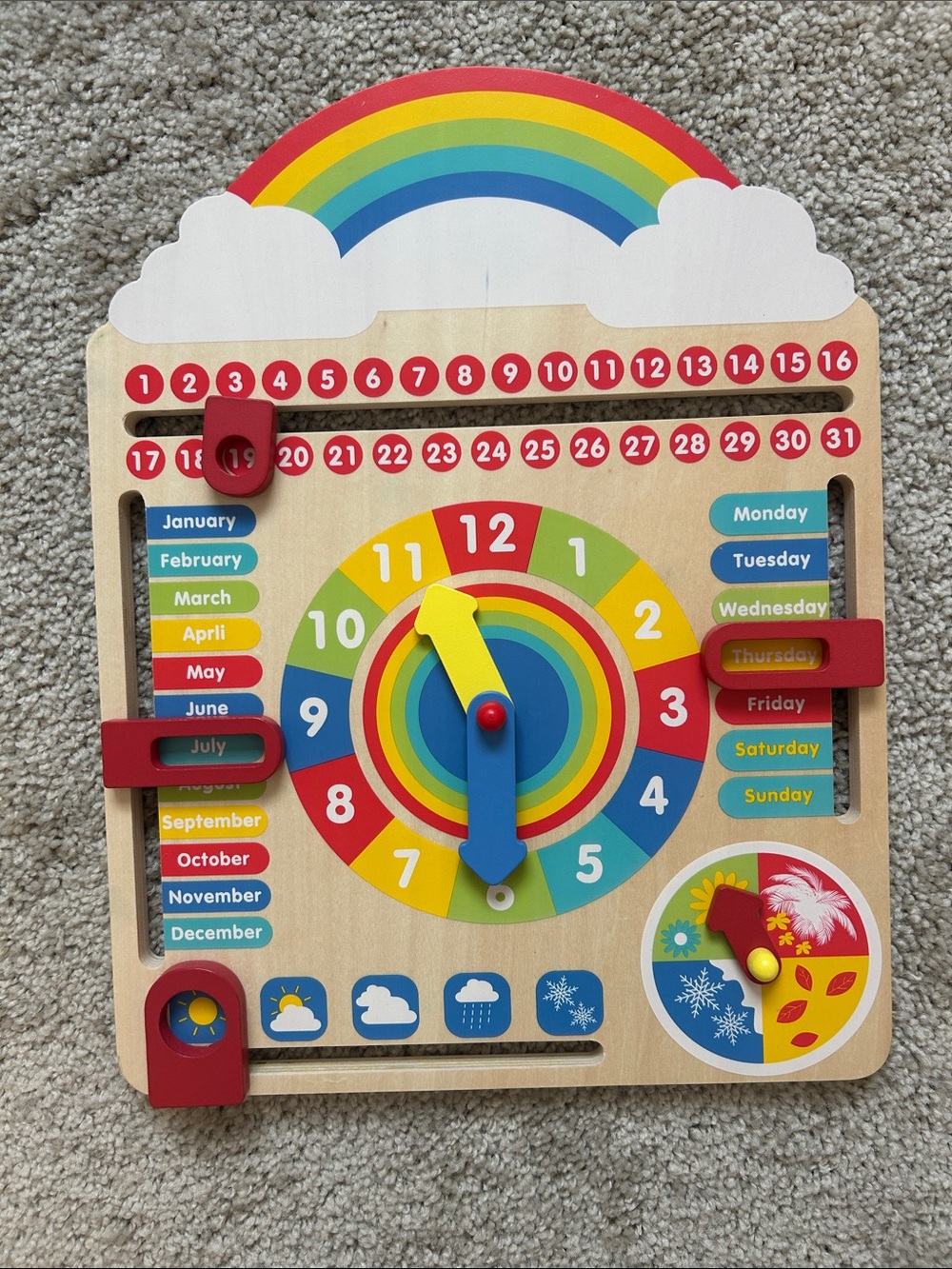 Teamson kids Wooden Rainbow Activity Calendar & Clock Toy - Multicolor